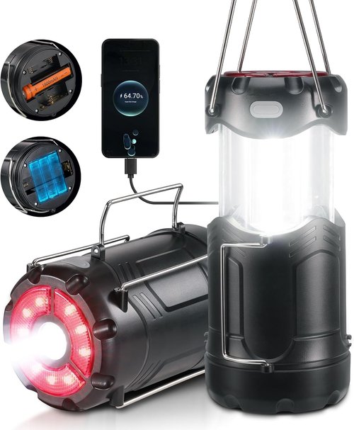 Consciot LED Camping Lantern - 2-Pack USB C Rechargeable & Battery Powered | Emergency Light with Flashlight & Magnetic Base - Black