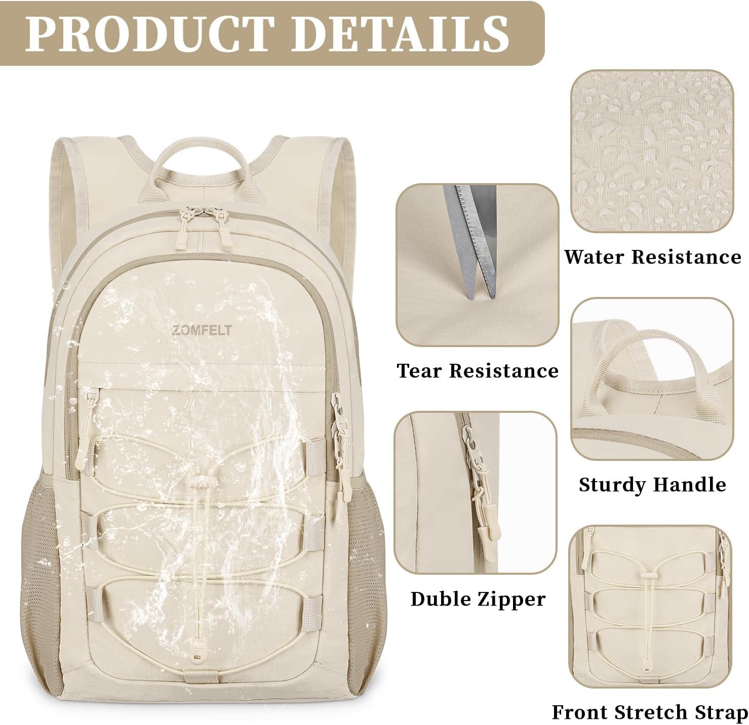 ZOMFELT Lightweight 15L Hiking Backpack - Water Resistant & Packable Daypack for Travel | Beige