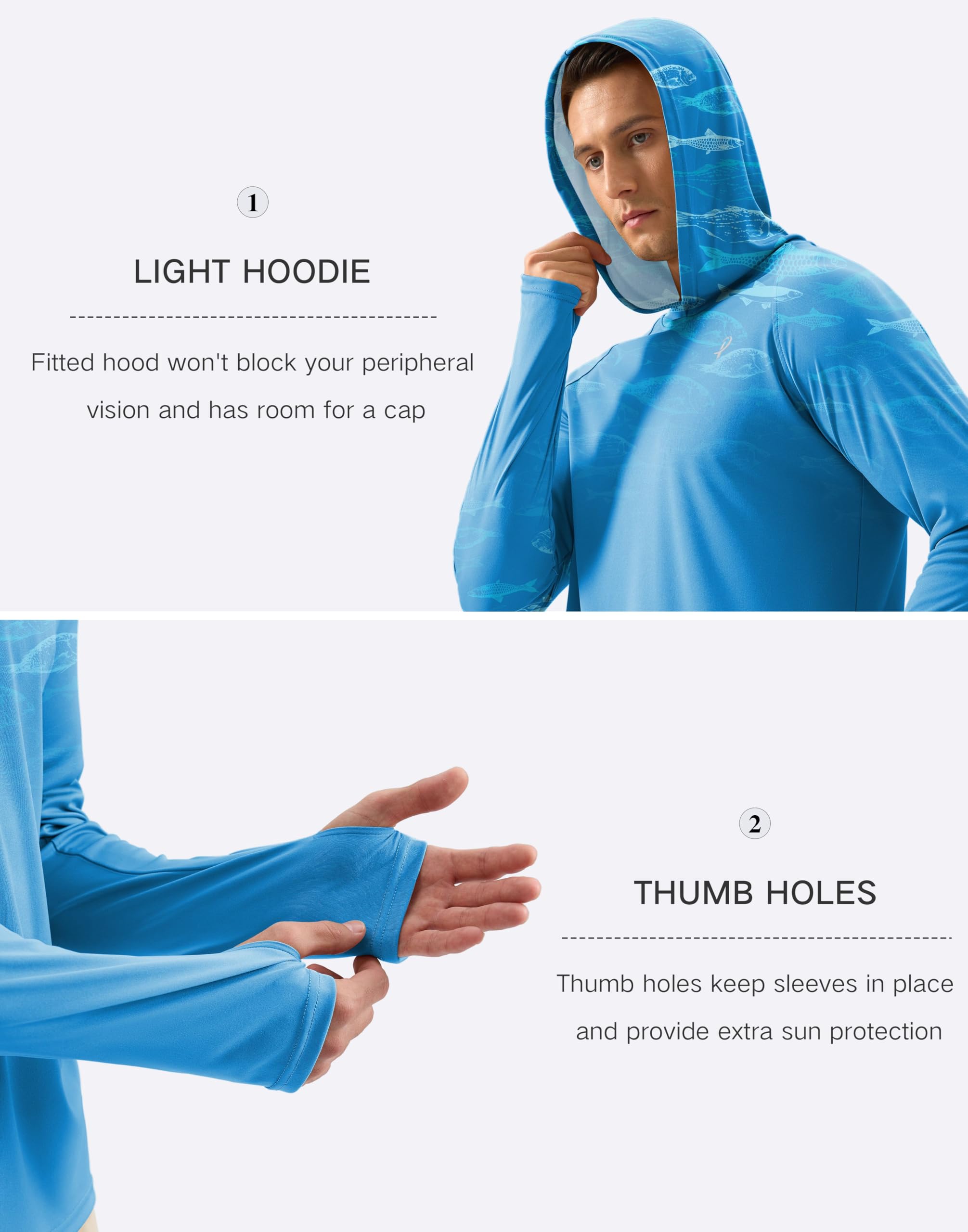 Pudolla Men's Sun Protection Hoodie Shirts UPF 50+ Rash Guard SPF Long Sleeve Fishing Shirt for Men Swim Hiking Boating(Blue Fish XX-Large)