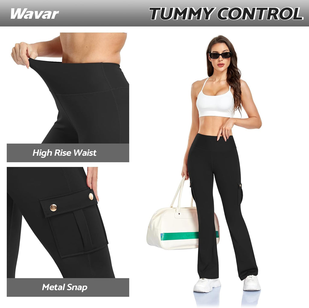 Wavar Women's Flare Leggings - High Waisted Butt Lifting Cargo Pants with Pockets | Tummy Control