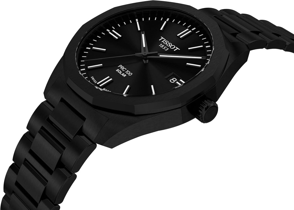 Tissot PRC 100 Solar Watch for Men - Black PVD Dial, 39mm, Stainless Steel Bracelet, Solar Quartz Movement