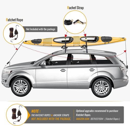 AA-Racks 2 Pair J-Bar Rack Roof Top Mount with 16 Ft Ratchet Lashing Straps, Folding Carrier for Your Canoe, SUP and Kayaks on SUV Car Truck