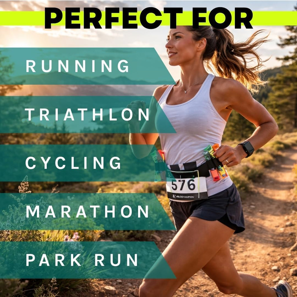 VeloChampion Lightweight Running Belt | Elasticated Fit with 6 Energy Gel Loops - No Pins Needed