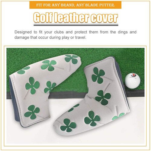 HIFROM Golf Blade Putter Head Cover headcover Shamrock Embroidered Clover Compatible with All Brands White Color