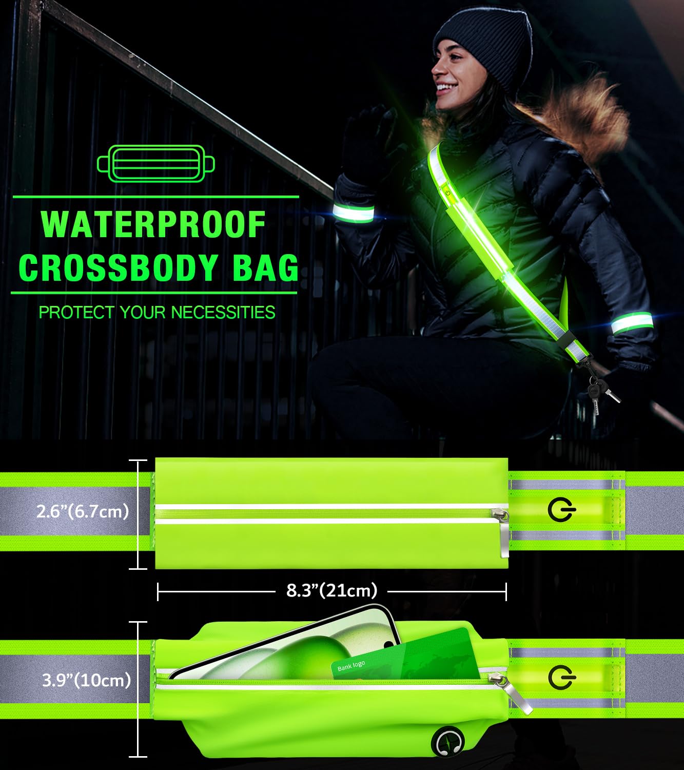 LED Belt Reflective Sash for Walking at Night,High Visibility Adjustable Night Running Safety Gear,Light Up Running Belt Reflective Gear with Phone Bag/Armband for Runners Walkers Men Women (Green)