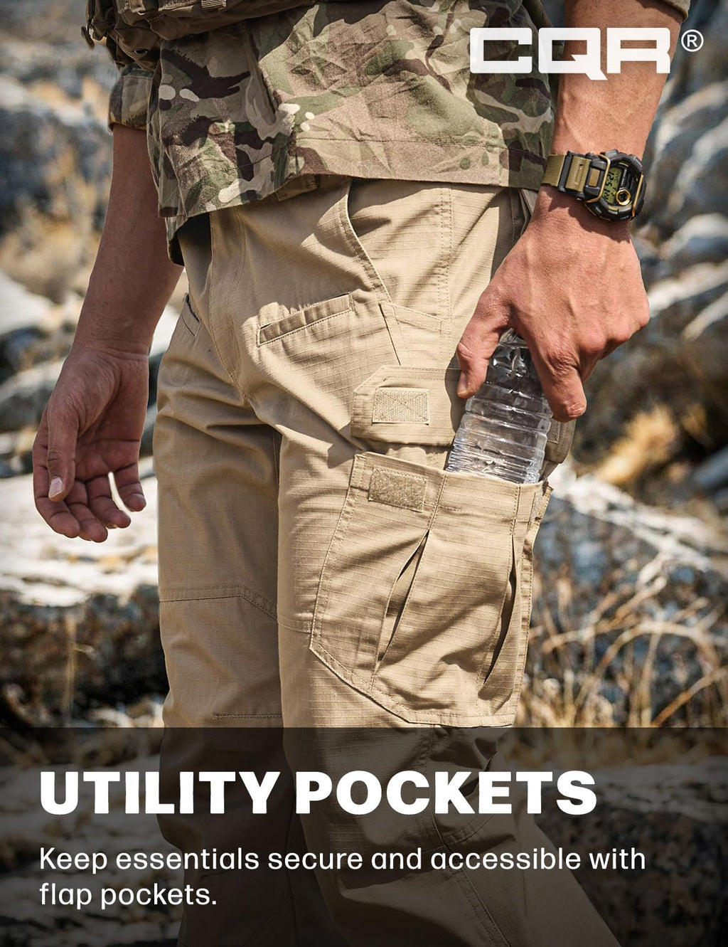 CQR Men's Tactical Pants, Water Resistant Ripstop Cargo Pants, Lightweight EDC Work Hiking Pants, Outdoor Apparel, Raider Khaki, 42W x 30L