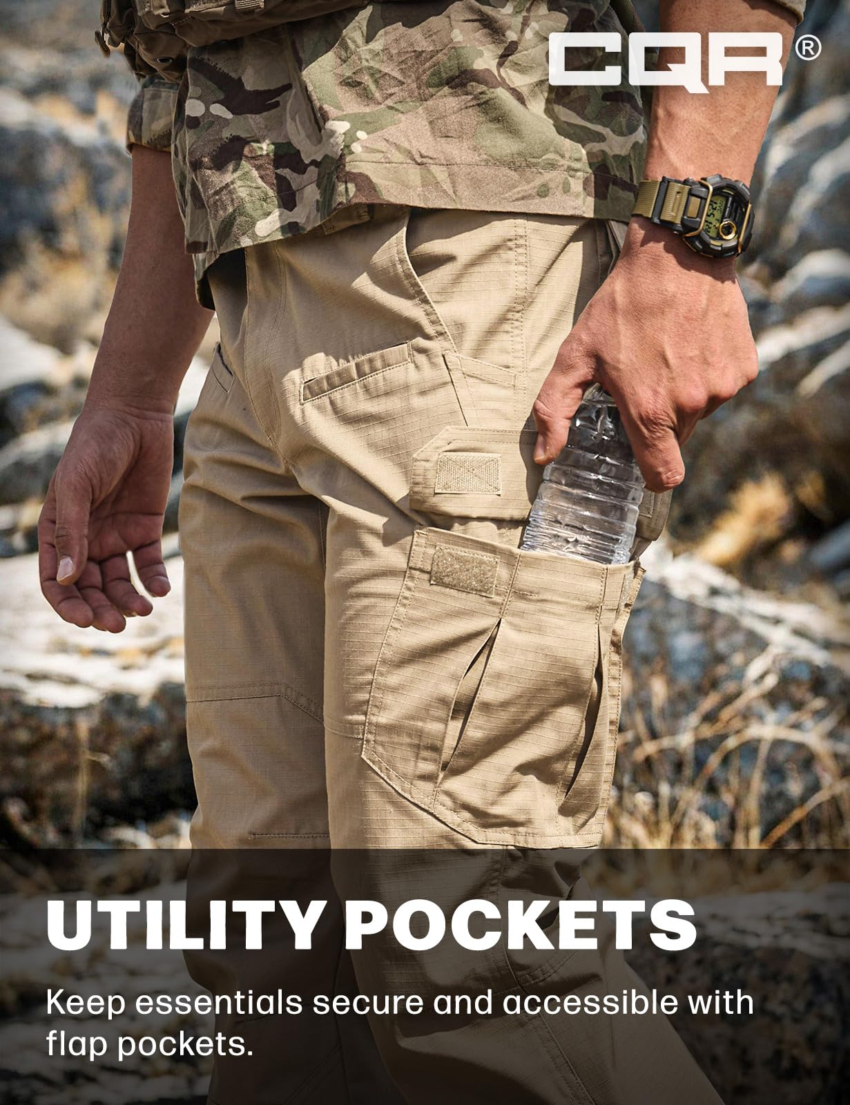 CQR Men's Tactical Pants, Water Resistant Ripstop Cargo Pants, Lightweight EDC Work Hiking Pants, Outdoor Apparel, Raider Khaki, 42W x 30L