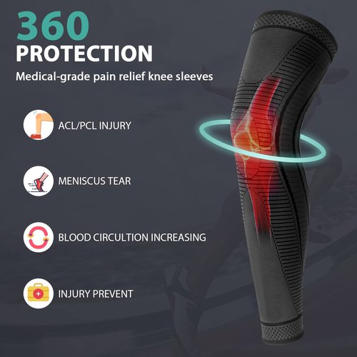 Ruilaibao 2 Pack Full Leg Compression Sleeves, Long Knee Brace Support for ACL,PCL, Meniscus Tear, Arthritis, Tendinitis,Men And Women (Black, Large)