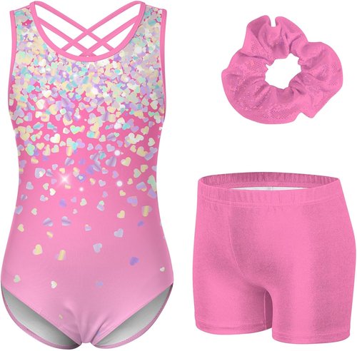 Idgreatim Gymnastics Leotards for Girls - Shiny Tumbling Outfits with Shorts | Sizes 5-10 Years