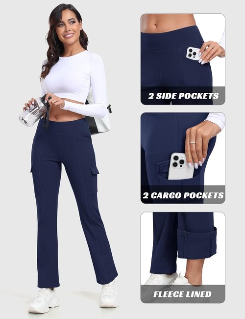 MoFiz Women's Fleece Lined Pants Winter Thermal Water Resistant Crossover Flare Leggings Warm Hiking Outdoor Sweatpants Navy L