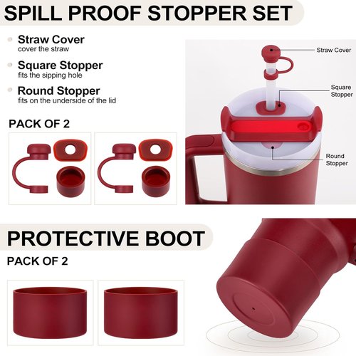 HYZ 8-Piece Silicone Accessories Set for Stanley Cup | Spill-Proof Stoppers & Protective Boot for H2.0 Tumblers - Cranberry