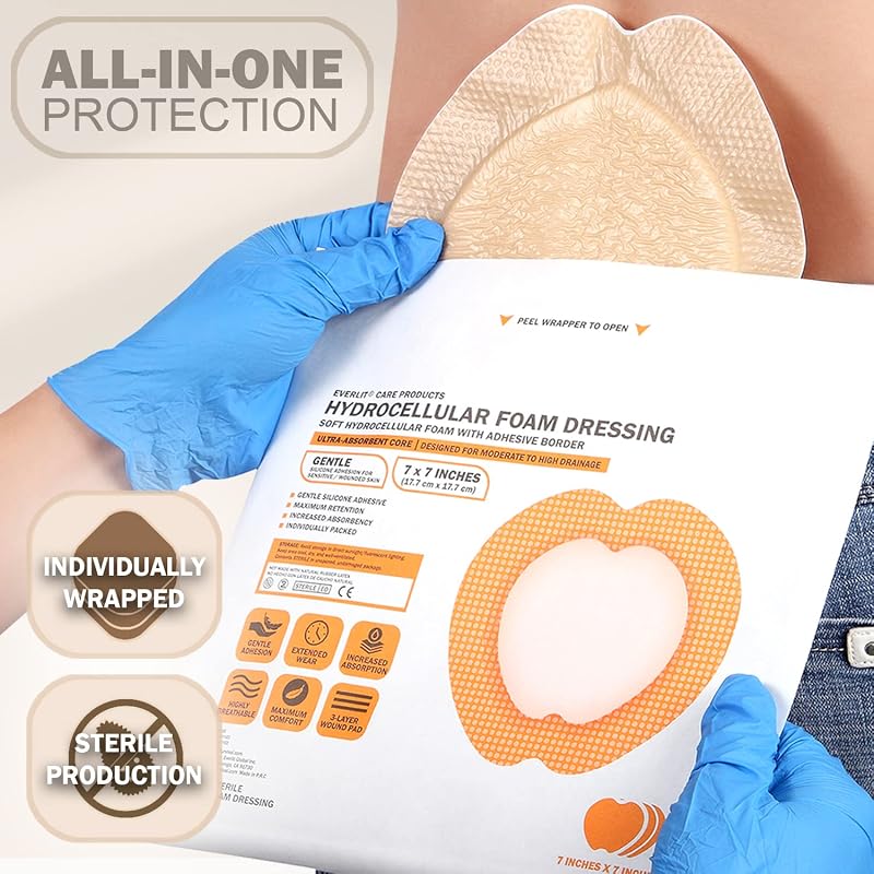 Everlit Sacrum Foam Dressing 7" x 7" | Highly Absorbent Waterproof Adhesive Bandage, 10 Pack