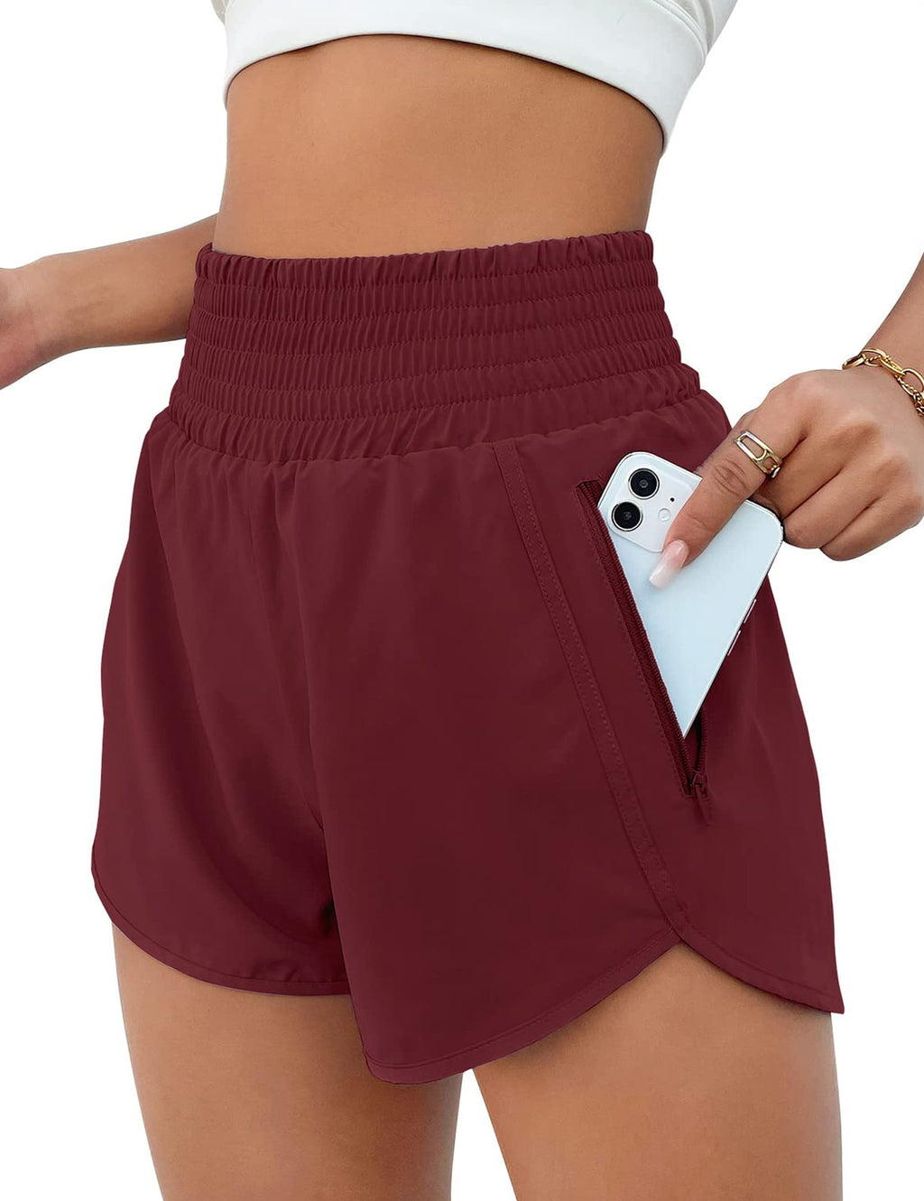 BMJL Women's Athletic Shorts High Waisted Running Short Pocket 2.5" Sporty Shorts Gym Elastic Workout Shorts(S,Wine Red)