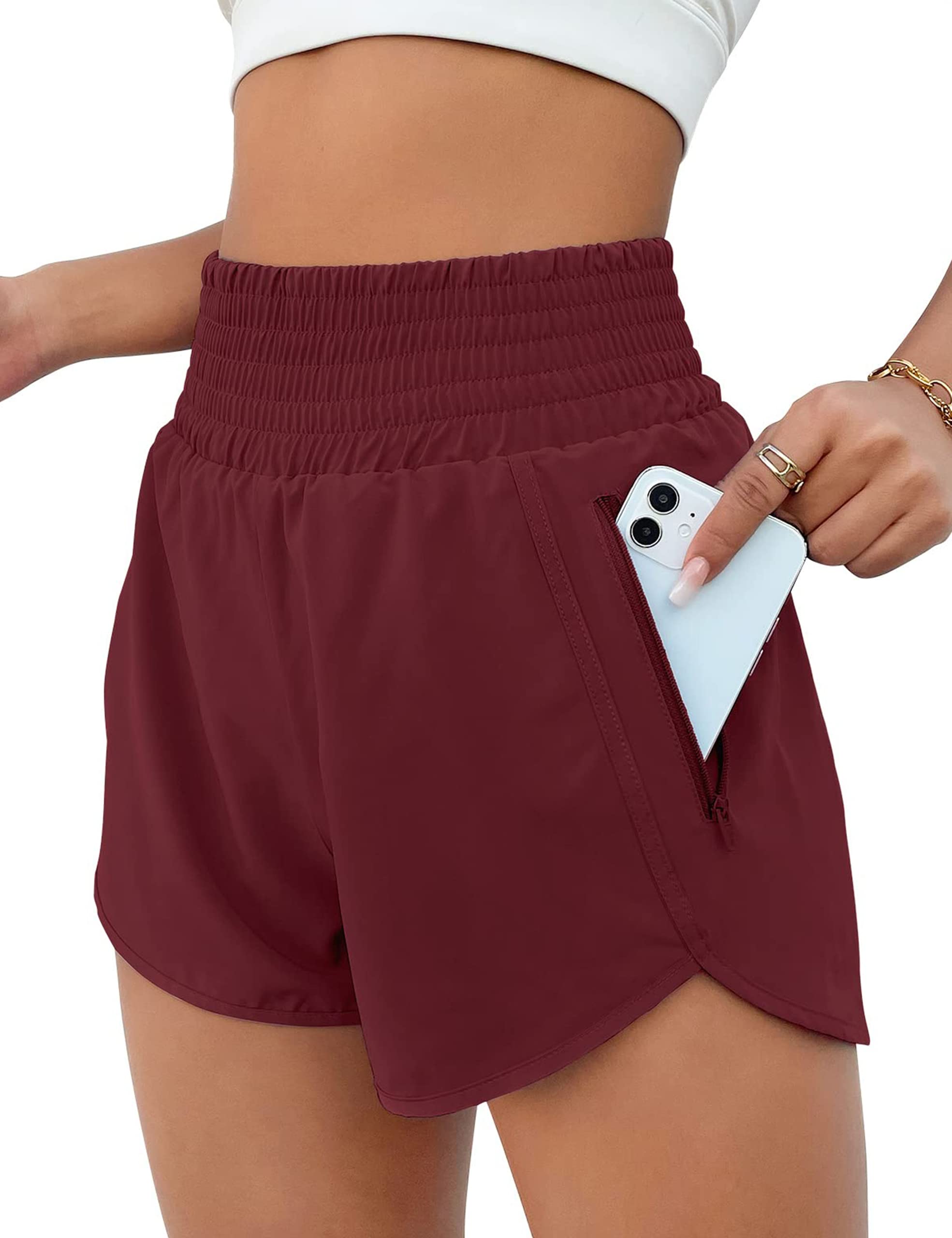 BMJL Women's Athletic Shorts High Waisted Running Short Pocket 2.5" Sporty Shorts Gym Elastic Workout Shorts(S,Wine Red)
