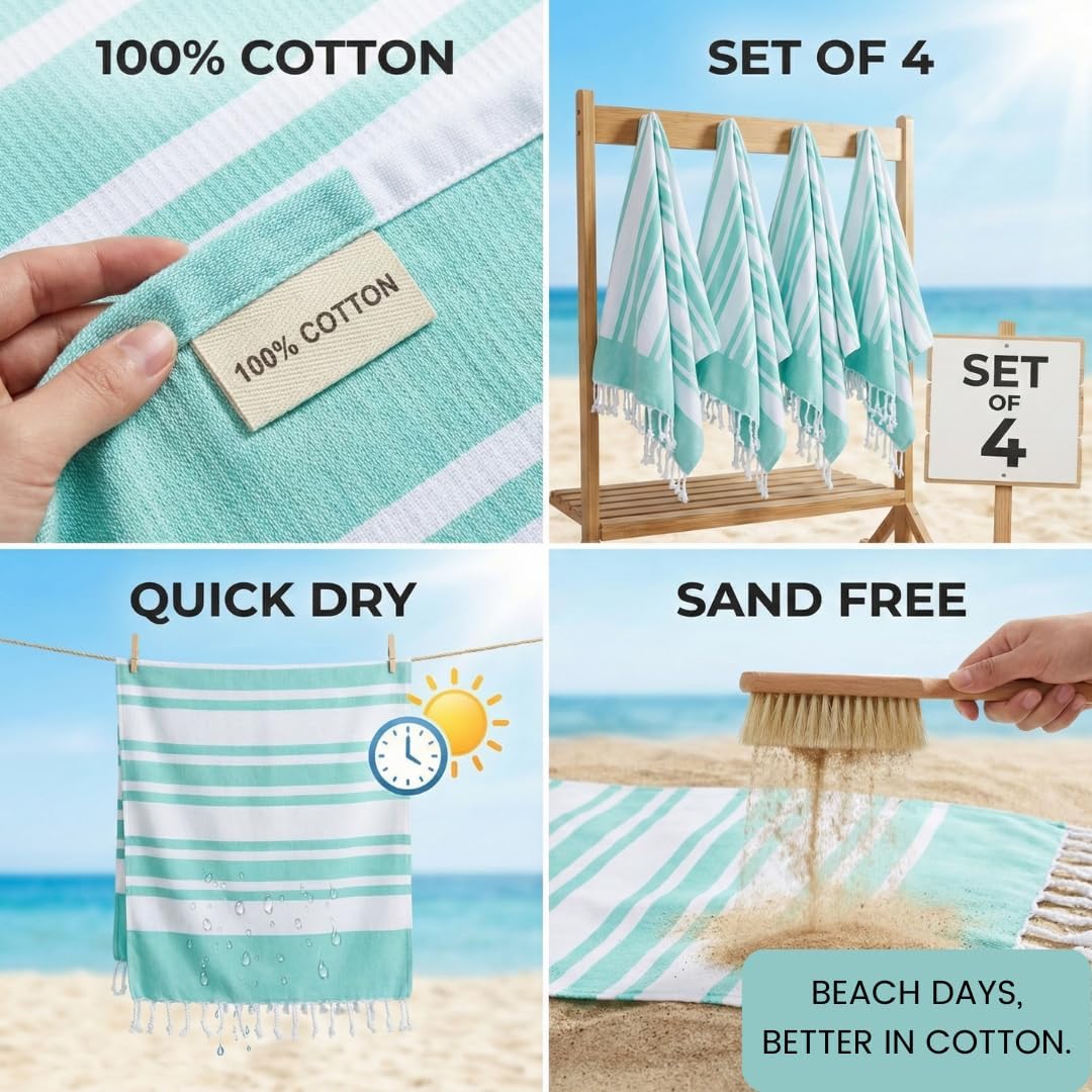 Turkish Beach Towels Set of 4 - Oversized 40x70 Inch Cotton Quick-Dry Towels | Sand-Free Aqua Blue