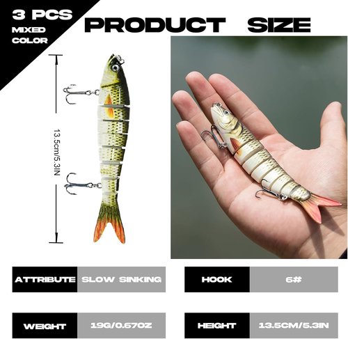 Bass Fishing Lure - Multi-Jointed Bionic Swimbaits with Treble Hooks for Freshwater & Saltwater | Ideal for Bass, Pike & Trout