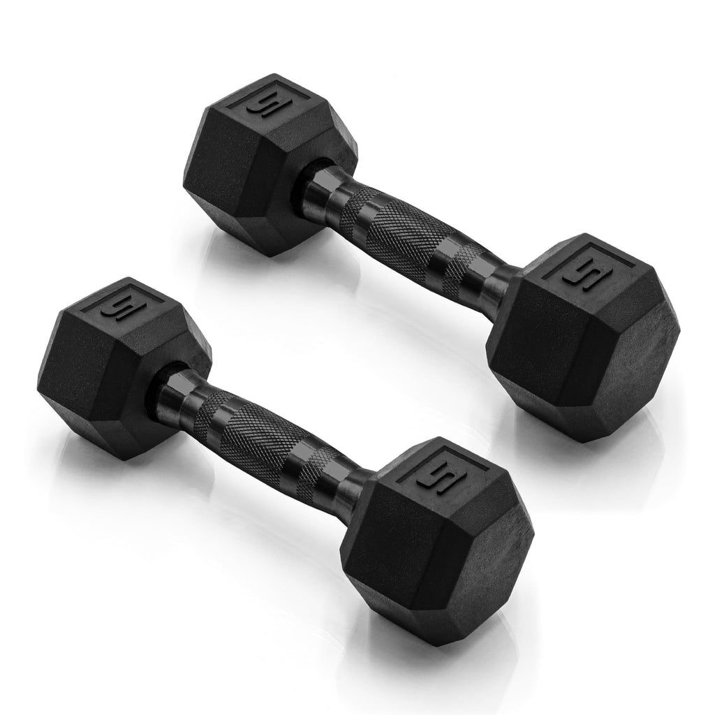 CAP 5 LB Rubber Coated Hex Dumbbell Weight, Rubber Hand Weights for Home Gym Strength Training, Black Oxide Handle, Pair