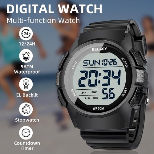 Beeasy Men's Digital Sports Watch - 50M Waterproof, 49mm Rubber Strap with Stopwatch & Alarm | Ideal for Gym & Daily Wear