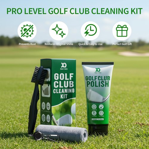 XQ XIAO QIAO Golf Club Cleaning kit, 3-in-1 Easy to Use Golf Club Cleaner Includes 250ml Golf Club Polish, Golf Club Brush and Groove Cleaner 2 ft Retractable Zipline Carabiner, Microfiber Cloth