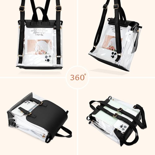 KKXIU Girls Clear Backpack Stadium Approved Transparent PVC Women Clear Bookbag with Leather for Sports Event, Concert (Black)