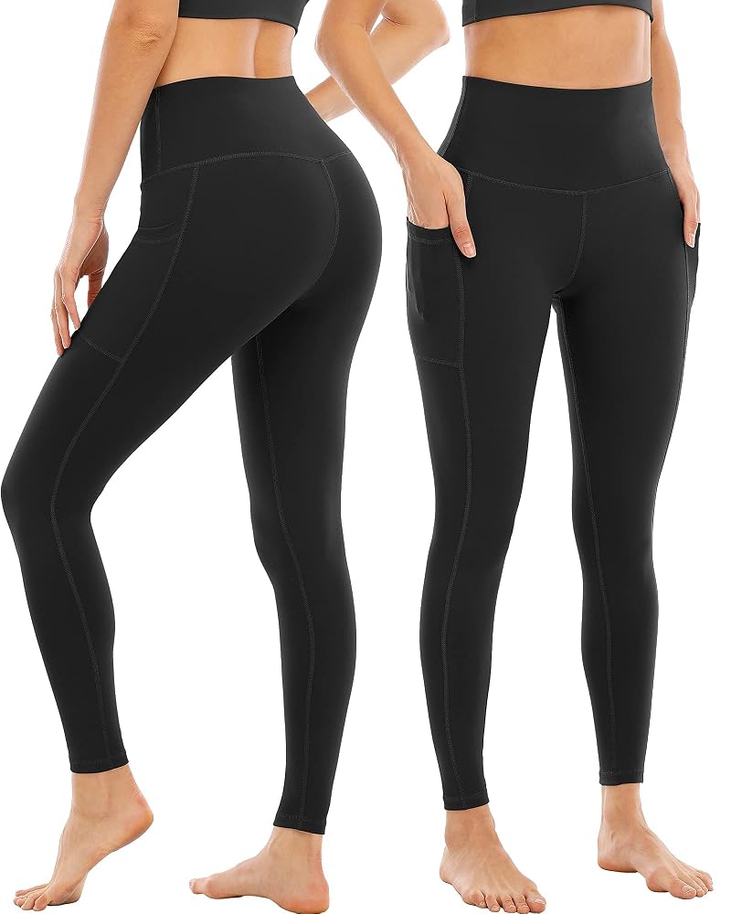 YOUNGCHARM 4 Pack Leggings with Pockets - High Waisted Tummy Control Yoga Pants (Black/Black/Black/Black+Large)