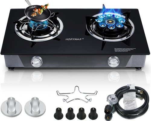 Horynar Propane Stove 2 Burner Gas Stove Novel 9 Copper Propane Burners Auto Ignition Tempered Glass with LPG CSA Hose for Outdoor Cooking,Emergency