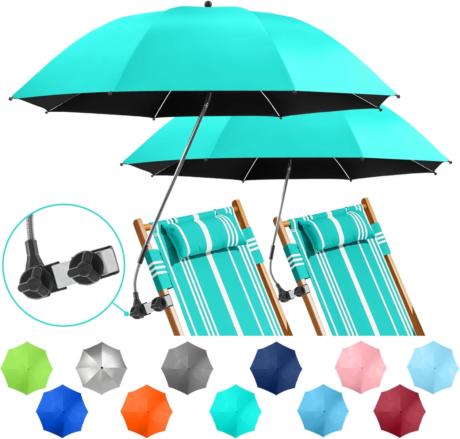 Skiennix Beach Umbrella - 360° Adjustable UPF50+ Sun Protection - 2 Pack for Chairs & Carts