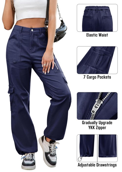 IVIR Blue Cargo Pants Women Adjustable Waist Baggy Cargo Pants with Pockets Straight Wide Leg Pants Navy Blue XL