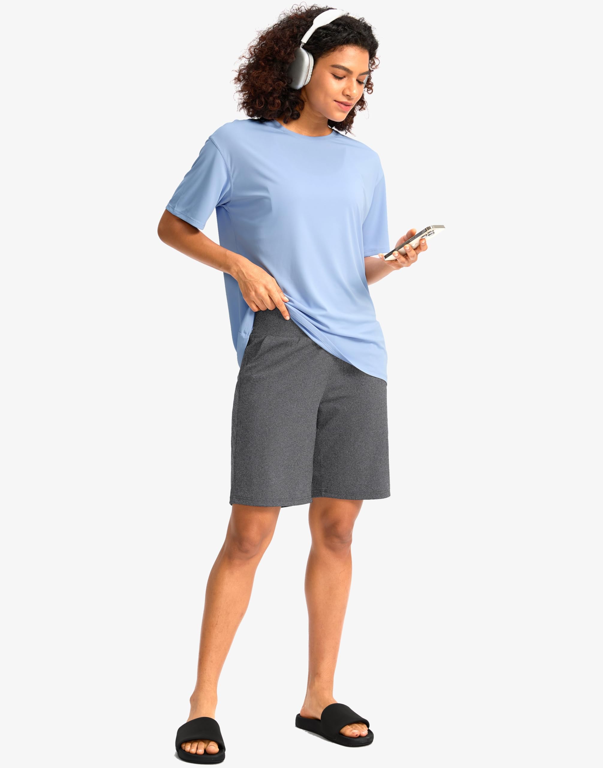 G Gradual Women's Bermuda Long Shorts with Pockets 9" High Waisted Knee Length Shorts for Women Walking Athletic Workout(Charcoal,L)