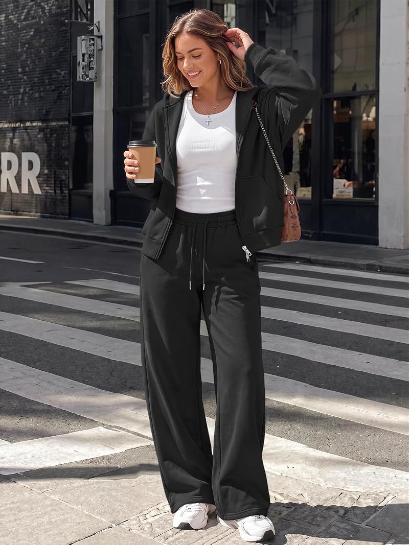 Trendy Queen Women’s 2-Piece Zip Up Sweat Set - Black XS
