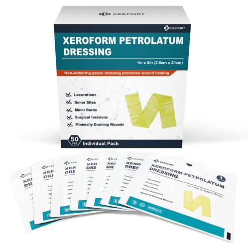 Ceeport Medical Xeroform Petrolatum Dressing 1"x8", 50 Individual Pack, Non-Adherent Gauze Pad Strip, Fine Mesh Gauze Patch Supplies for Wound Care, Burns, Lacerations, & Skin Grafts