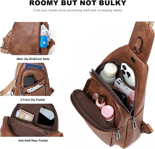 Crossbody Sling Bag by 7L - Stylish Vegan Leather Fanny Pack for Women | Brown Travel Chest Bag