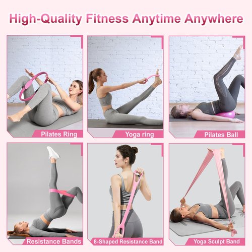 Wpolzie Home Pilates Essentials Kit for Women, Pilates Kit for Home Workouts, Pilates Equipment with Figure 8 Resistance Band, 14" Magic Circle, Yoga Ring, Pilates Accessories Set for Starter Workout