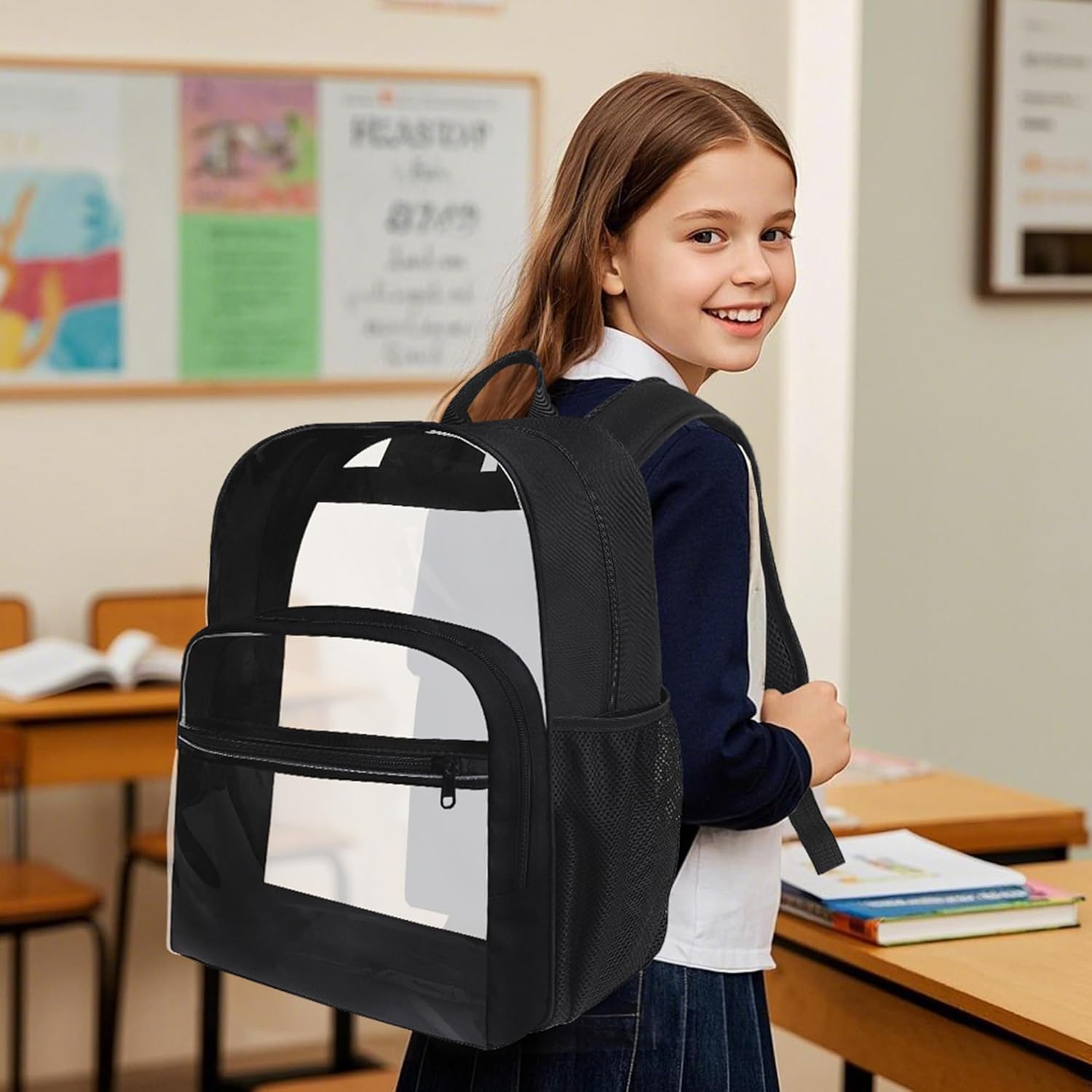 Skiennix Clear Backpack - Heavy Duty Transparent Bookbag for School | 18-Inch Black PVC Design