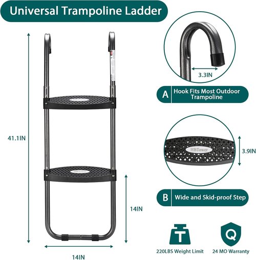 HBTower Trampoline Ladder - Wide Steps & Universal Hook - UV Treated Steel, 220 lbs Capacity