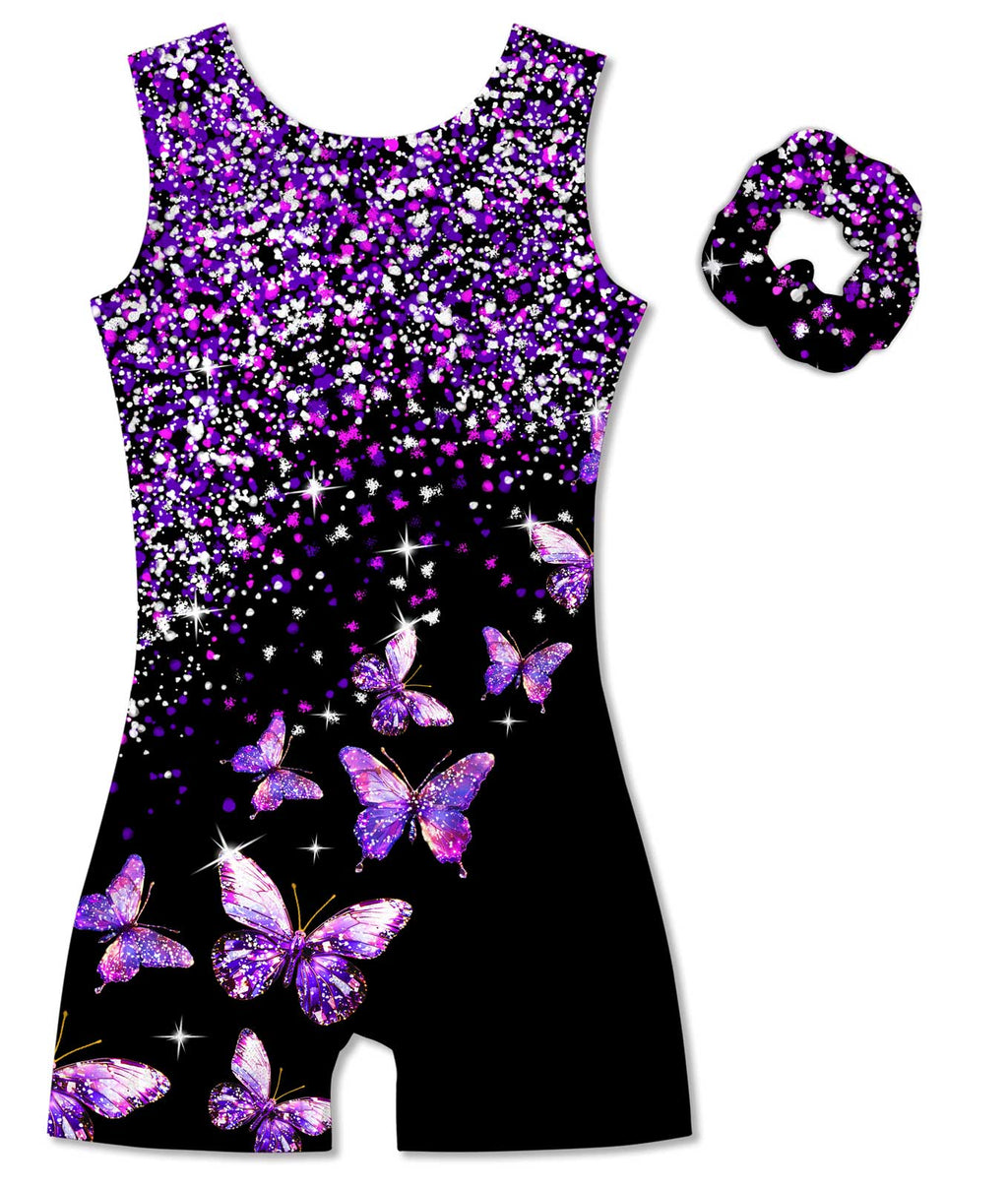 Vogseek 6-7 Years Girls Gymnastics Leotards with Hair Scrunchie Sparkle Dance Unitards Purple Butterfly's Glitter Active Biketards with Shorts for Kid Cute Tumbling Dance Outfit, Black