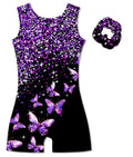 Vogseek 6-7 Years Girls Gymnastics Leotards with Hair Scrunchie Sparkle Dance Unitards Purple Butterfly's Glitter Active Biketards with Shorts for Kid Cute Tumbling Dance Outfit, Black