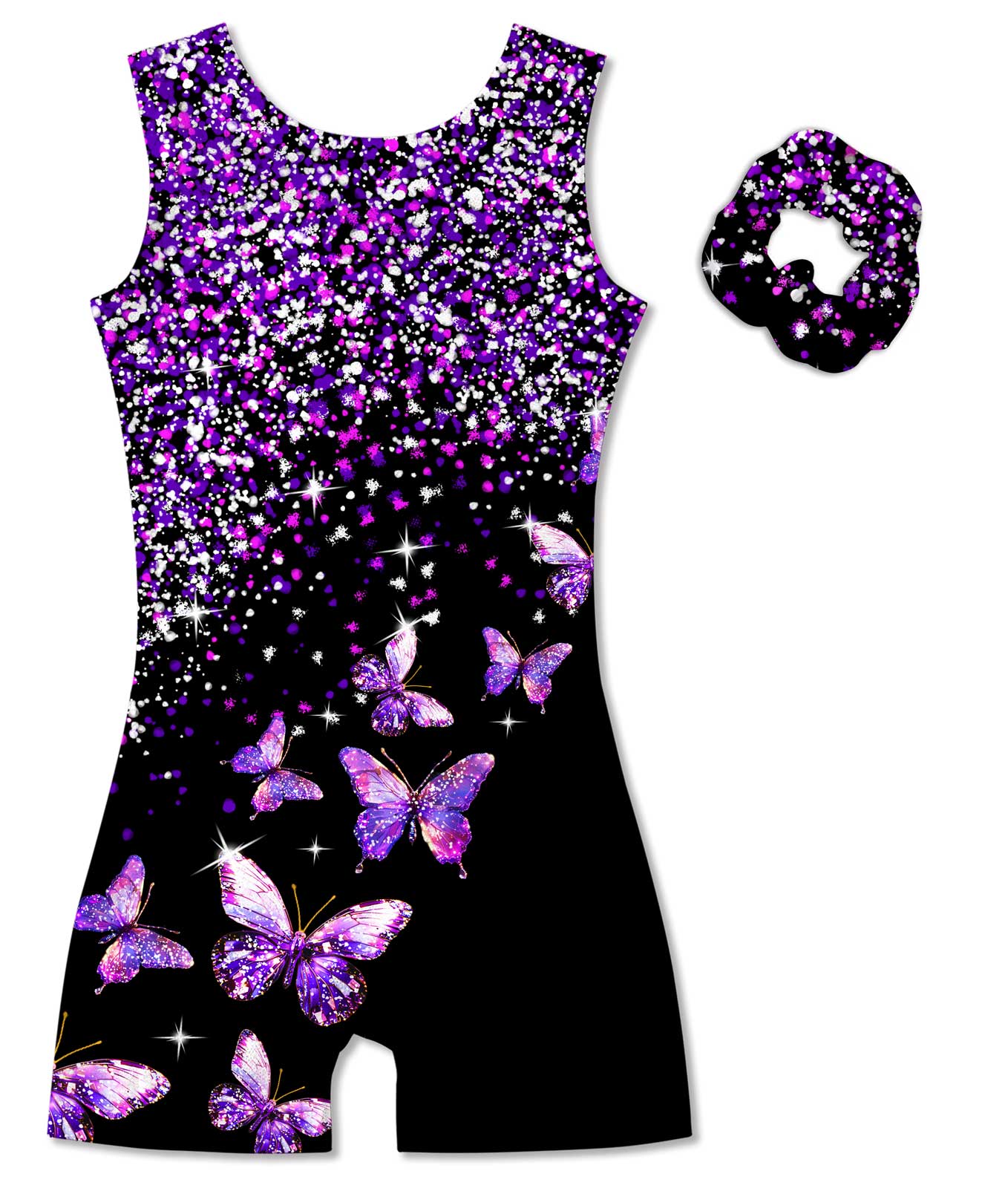 Vogseek 6-7 Years Girls Gymnastics Leotards with Hair Scrunchie Sparkle Dance Unitards Purple Butterfly's Glitter Active Biketards with Shorts for Kid Cute Tumbling Dance Outfit, Black