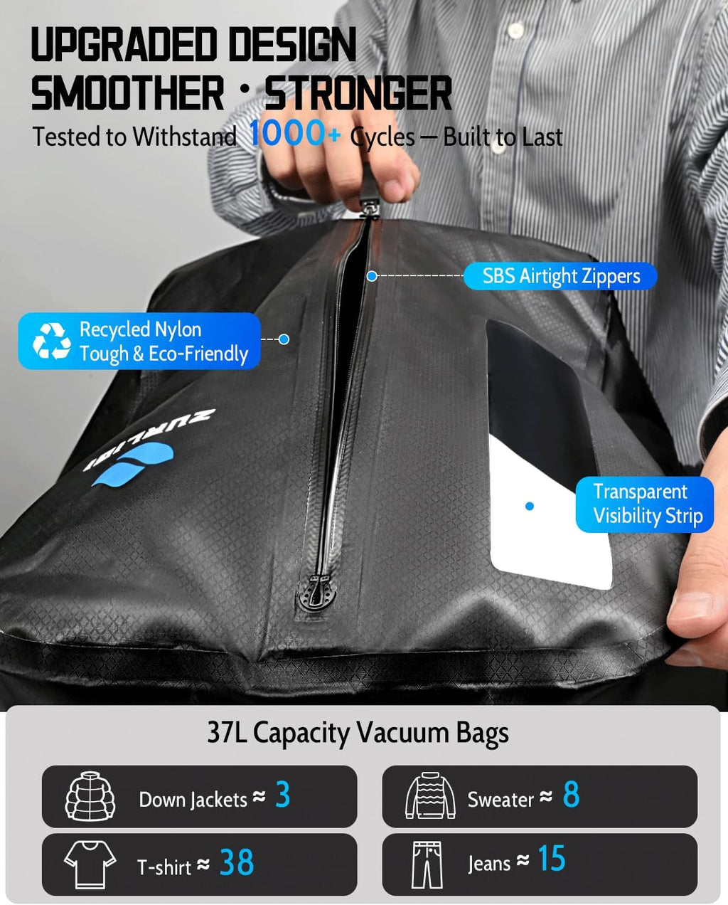 Zurligi Vacuum Backpack - Expandable 30-70L Compression Travel Bag with Pump & USB Charge Port | Black