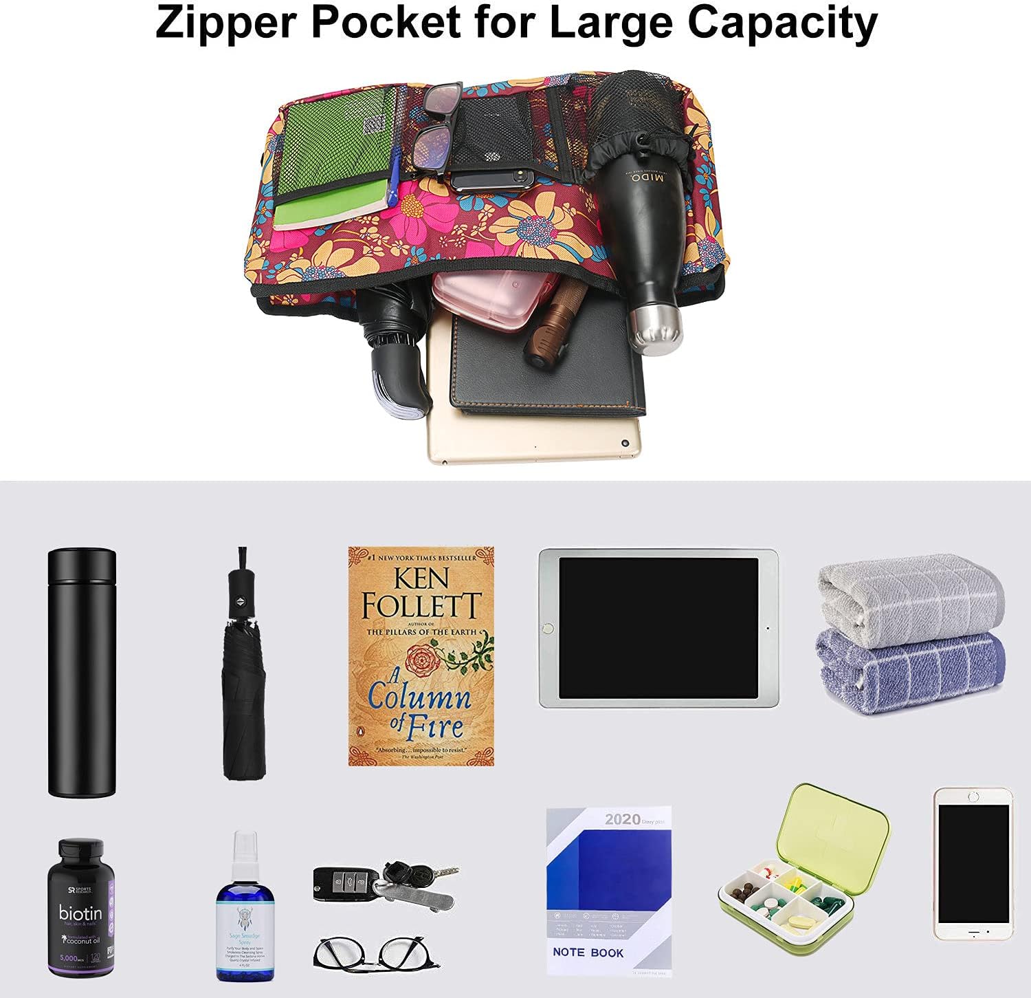 Walker Bag - Water-Resistant Pouch with 6 Pockets for Rollators & Wheelchairs | Floral Design