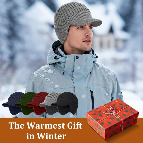ZEXIAN 2Pack Men&Women Winter Warm Fleece-Lined Knit Beanie Hats with Visor & Ear Flaps for Cold Weather (US, Alpha, One Size, Black+Grey)
