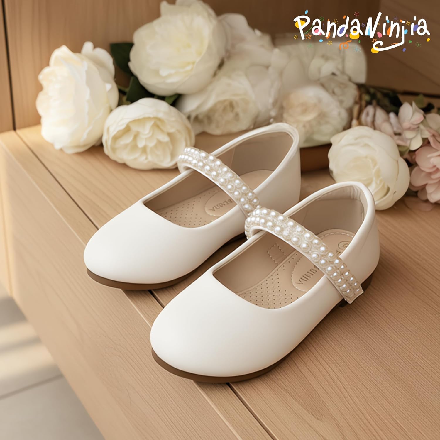 PANDANINJIA Ballet Flats for Girls - Elegant Pearl-Embellished Wedding Party Shoes | Toddler & Little Kid Sizes
