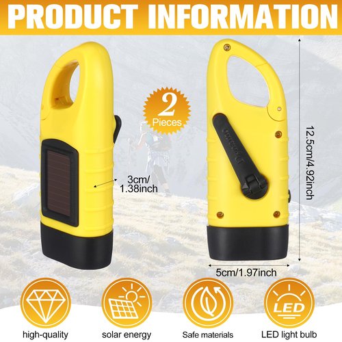 Leelosp 2 Pieces Hand Crank Flashlight Solar Powered Flashlight for Emergencies Dynamo Rechargeable LED Survival Light for Outdoor Sports Hiking Camping (Yellow)