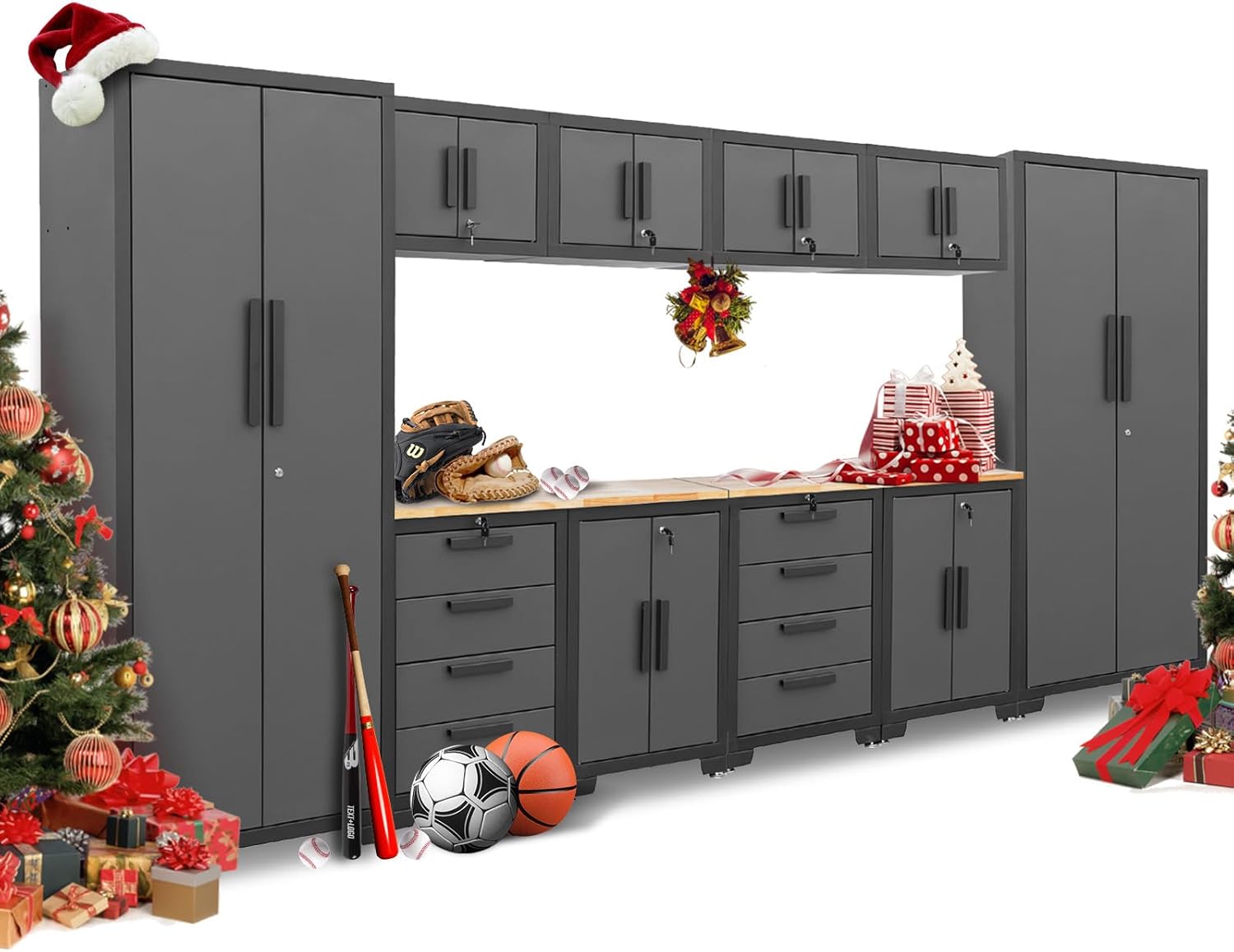 Torin Garage Storage Cabinet Set - 12 Piece Tool Organizer with Lockers, Shelves & Workbench | Black/Grey