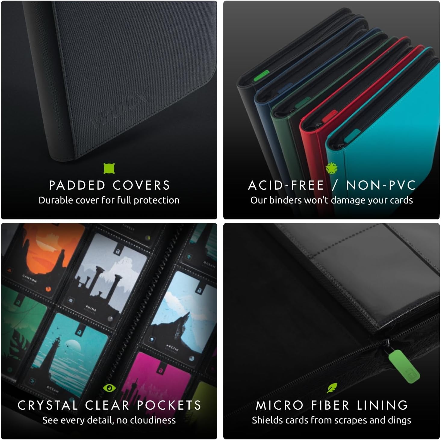 Vault X 4 Pocket Trading Card Zip Binder - Holds 160 Cards | Premium Exo-Tec Material, Black
