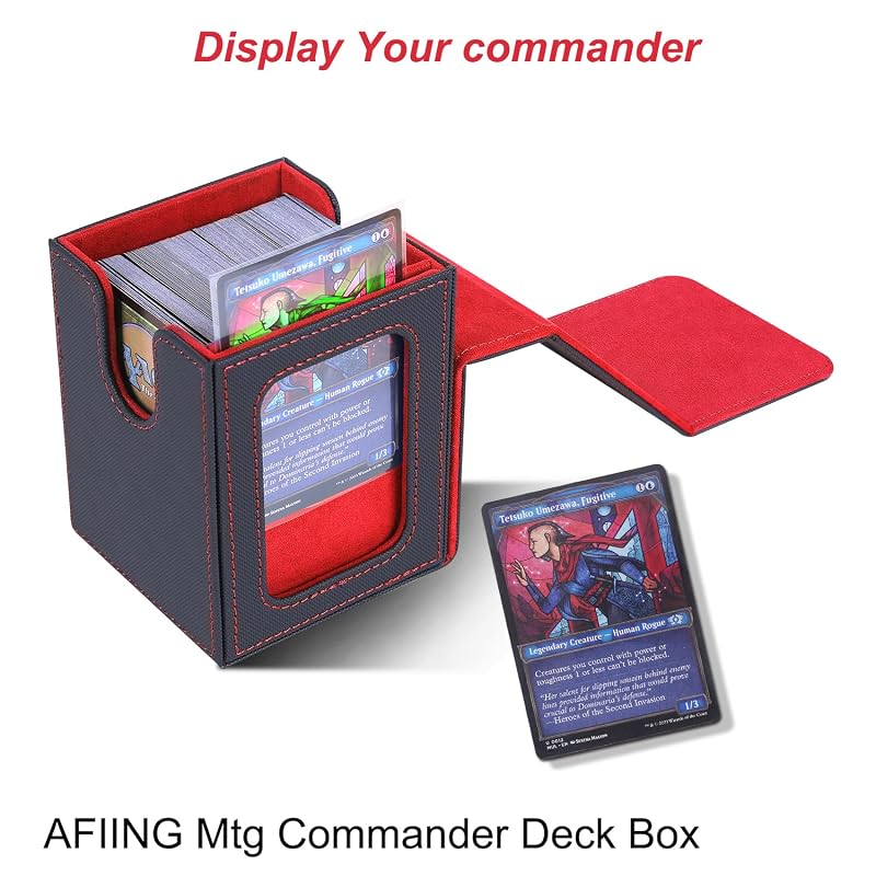 AFIING MTG Commander Deck Box with Drawstring Bag, 100 Double-Sleeve Cards, 2 Dividers, Toploader – Black/Red