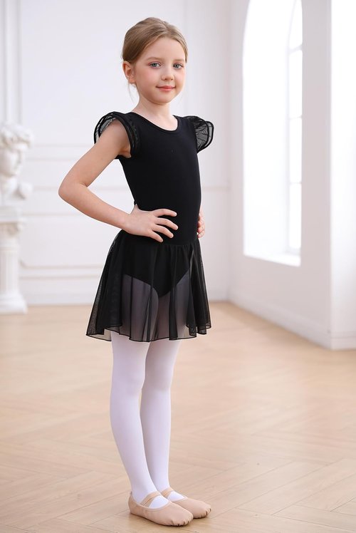 MdnMd Girls Ballet Leotard Dress - Toddler Ballerina Outfit with Flutter Sleeves & Knot Back