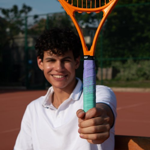 Get A Grip - Custom Tennis Racket Grip Tape - Anti-Slip/Quick-Drying Tennis Overgrips - Precut Badminton Racket Grip with Finishing Tape (Paint The Lines (Purple + Mint), 1 Grip)
