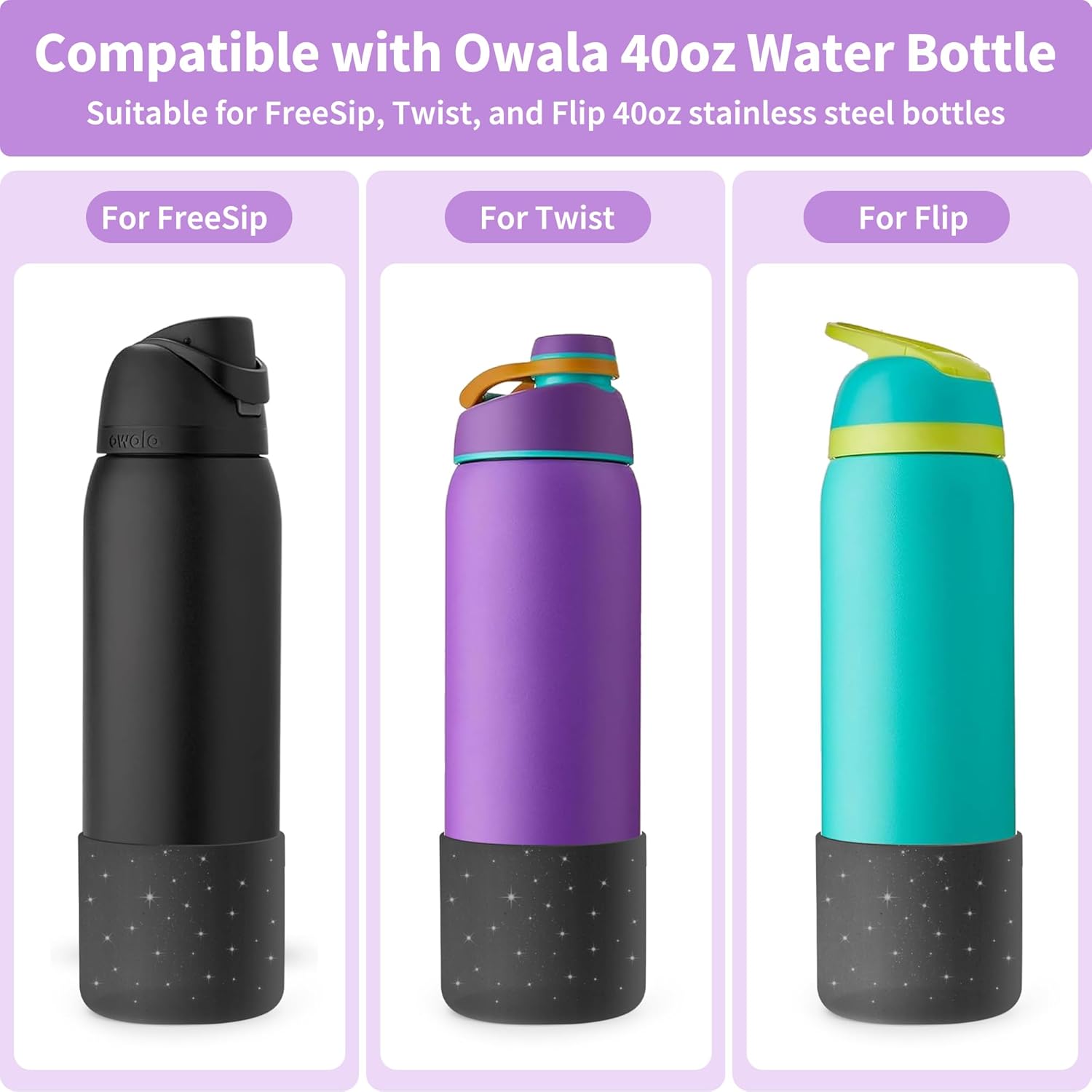 Owala Silicone Boot - Anti-Slip Protective Sleeve for 40 oz Water Bottles | Glitter Black
