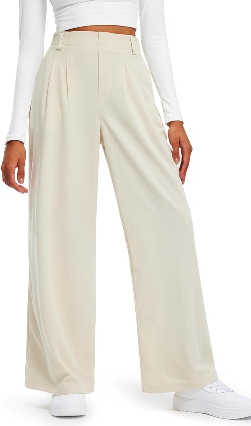 Libin Women's Wide Leg Pants - 29" High Waisted Waffle Knit Casual Trousers with Pockets | Beige, Size M